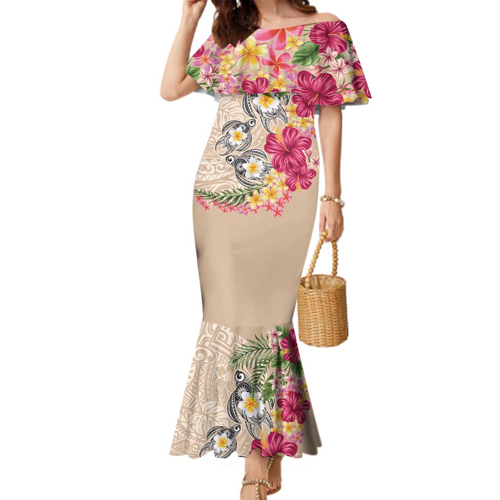 Hawaiian Tropical Flowers and Tribal Turtles Family Matching Mermaid Dress and Hawaiian Shirt Polynesian Art Motifs Beige Color - Polynesian Pride