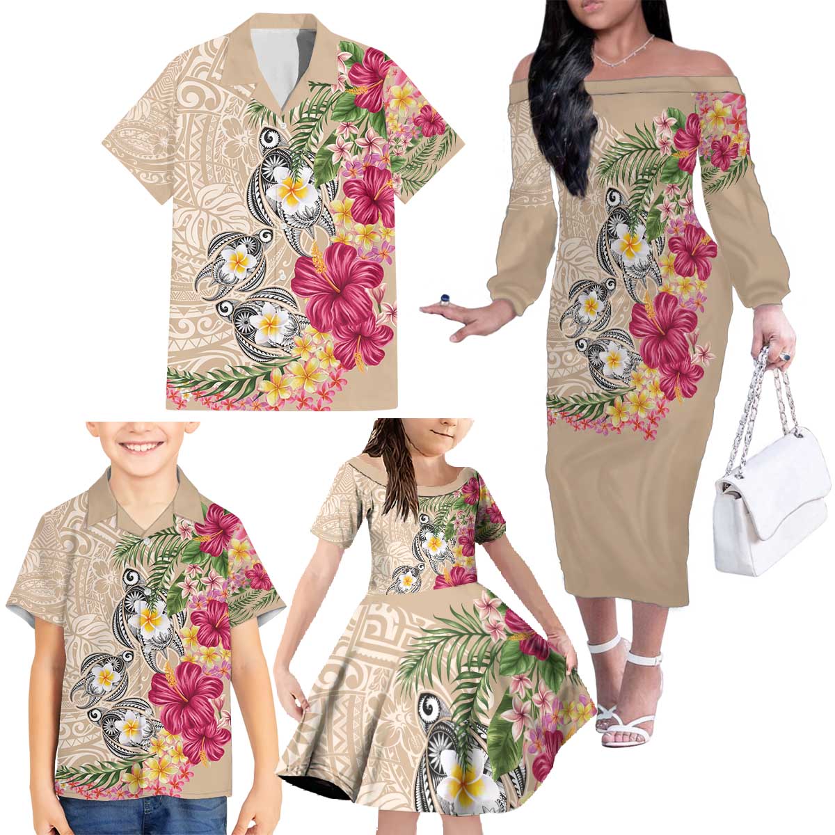 Hawaiian Tropical Flowers and Tribal Turtles Family Matching Off The Shoulder Long Sleeve Dress and Hawaiian Shirt Polynesian Art Motifs Beige Color - Polynesian Pride