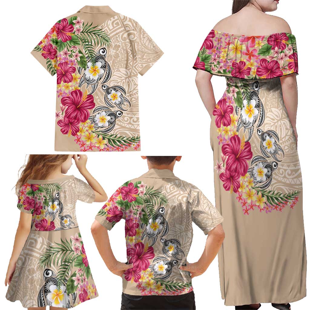Hawaiian Tropical Flowers and Tribal Turtles Family Matching Off Shoulder Maxi Dress and Hawaiian Shirt Polynesian Art Motifs Beige Color - Polynesian Pride
