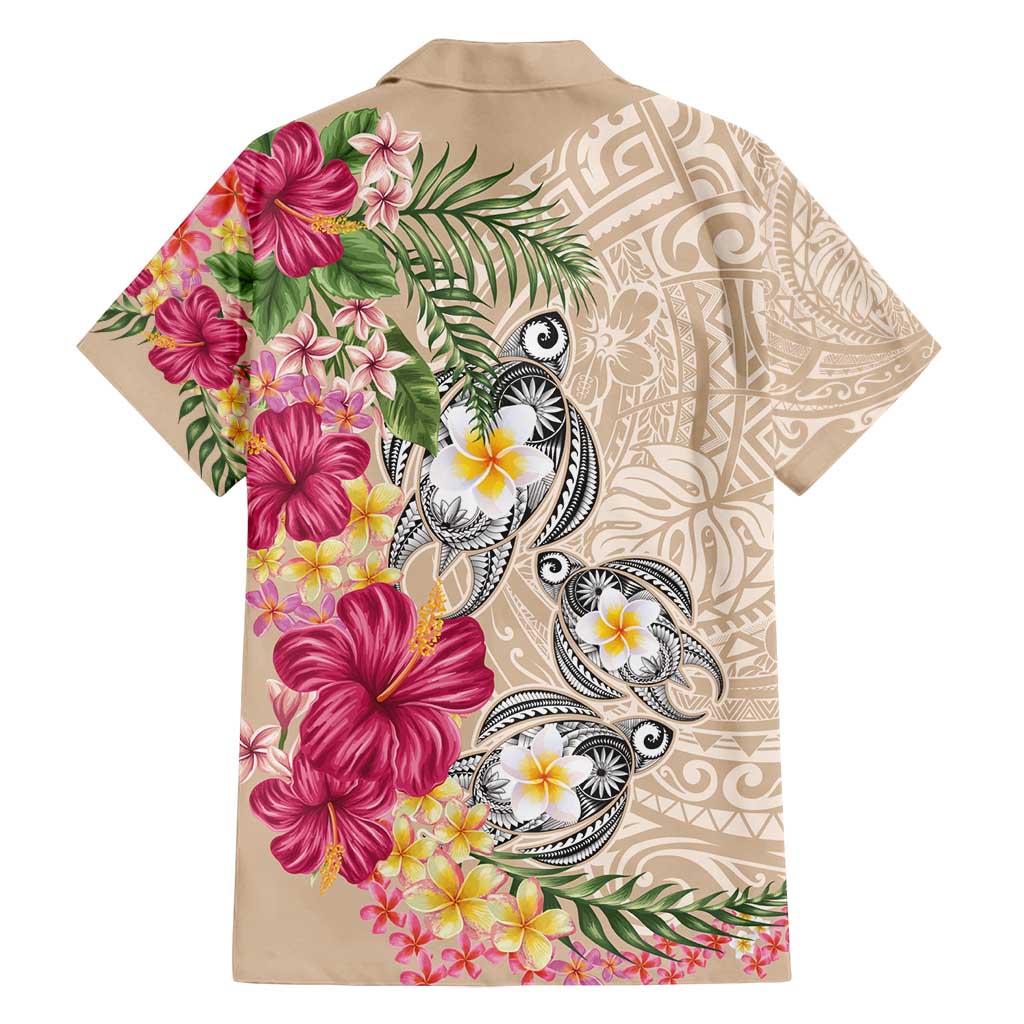 Hawaiian Tropical Flowers and Tribal Turtles Family Matching Off Shoulder Maxi Dress and Hawaiian Shirt Polynesian Art Motifs Beige Color - Polynesian Pride