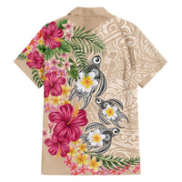 Hawaiian Tropical Flowers and Tribal Turtles Family Matching Off Shoulder Maxi Dress and Hawaiian Shirt Polynesian Art Motifs Beige Color - Polynesian Pride
