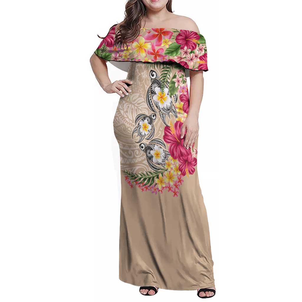 Hawaiian Tropical Flowers and Tribal Turtles Family Matching Off Shoulder Maxi Dress and Hawaiian Shirt Polynesian Art Motifs Beige Color - Polynesian Pride