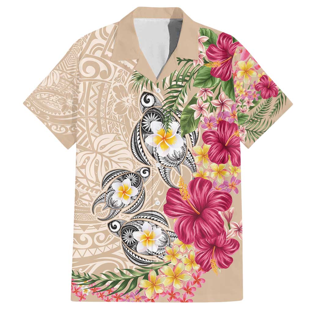 Hawaiian Tropical Flowers and Tribal Turtles Family Matching Off Shoulder Short Dress and Hawaiian Shirt Polynesian Art Motifs Beige Color - Polynesian Pride