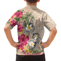 Hawaiian Tropical Flowers and Tribal Turtles Family Matching Short Sleeve Bodycon Dress and Hawaiian Shirt Polynesian Art Motifs Beige Color - Polynesian Pride