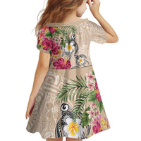 Hawaiian Tropical Flowers and Tribal Turtles Family Matching Short Sleeve Bodycon Dress and Hawaiian Shirt Polynesian Art Motifs Beige Color - Polynesian Pride