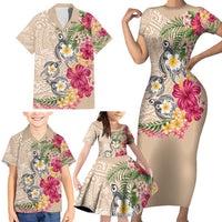 Hawaiian Tropical Flowers and Tribal Turtles Family Matching Short Sleeve Bodycon Dress and Hawaiian Shirt Polynesian Art Motifs Beige Color - Polynesian Pride