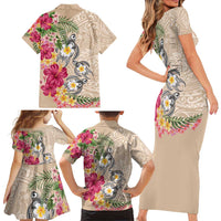 Hawaiian Tropical Flowers and Tribal Turtles Family Matching Short Sleeve Bodycon Dress and Hawaiian Shirt Polynesian Art Motifs Beige Color - Polynesian Pride