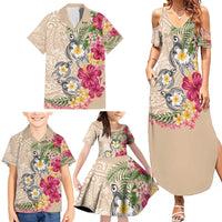 Hawaiian Tropical Flowers and Tribal Turtles Family Matching Summer Maxi Dress and Hawaiian Shirt Polynesian Art Motifs Beige Color - Polynesian Pride