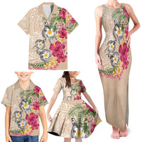 Hawaiian Tropical Flowers and Tribal Turtles Family Matching Tank Maxi Dress and Hawaiian Shirt Polynesian Art Motifs Beige Color - Polynesian Pride