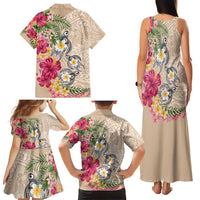 Hawaiian Tropical Flowers and Tribal Turtles Family Matching Tank Maxi Dress and Hawaiian Shirt Polynesian Art Motifs Beige Color - Polynesian Pride