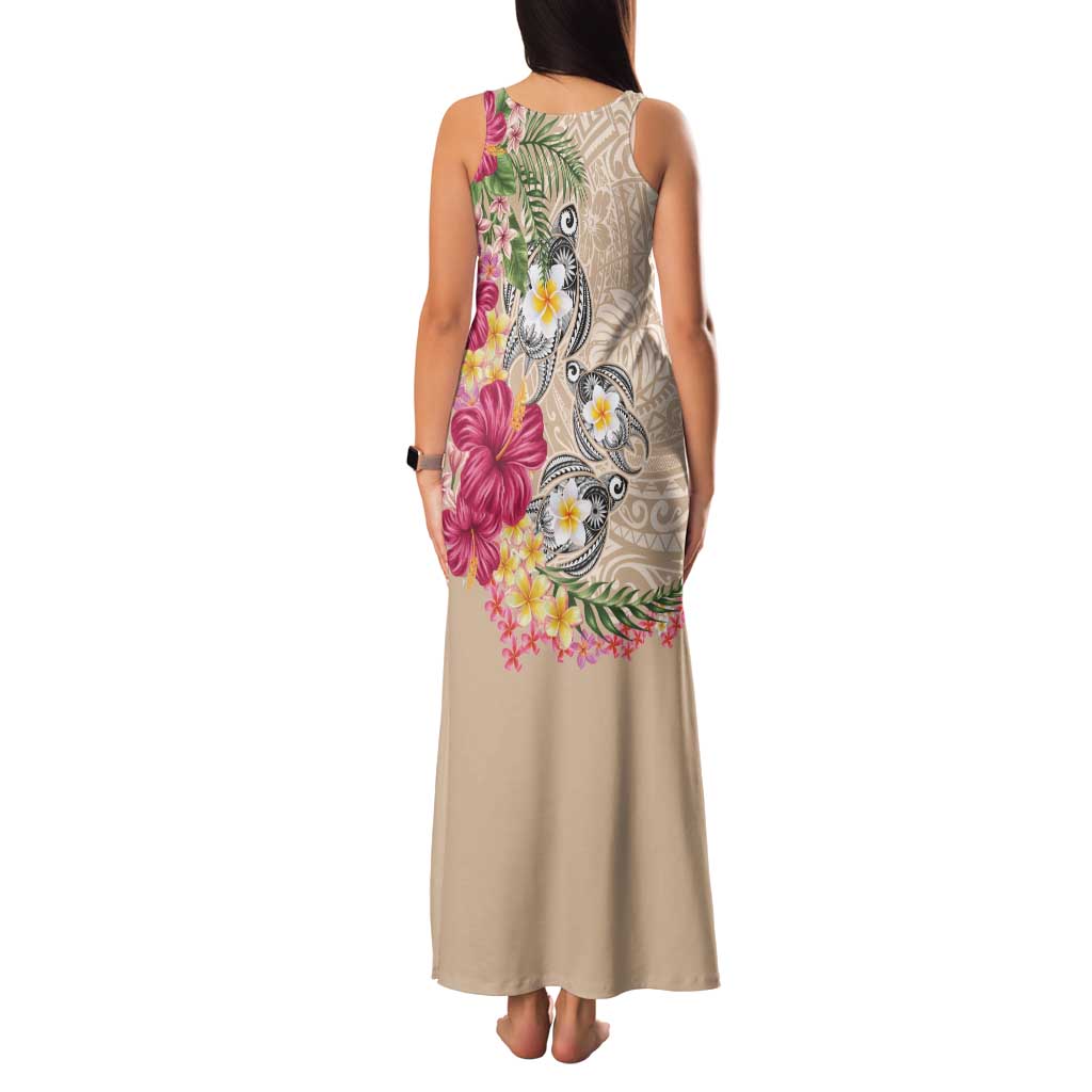 Hawaiian Tropical Flowers and Tribal Turtles Family Matching Tank Maxi Dress and Hawaiian Shirt Polynesian Art Motifs Beige Color - Polynesian Pride