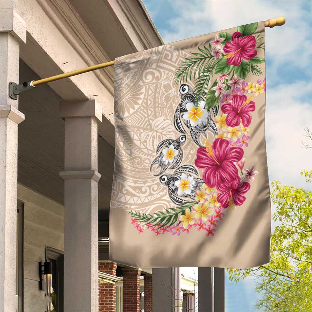 Hawaiian Tropical Flowers and Tribal Turtles Garden Flag Polynesian Art Motifs Beige Color - Polynesian Pride