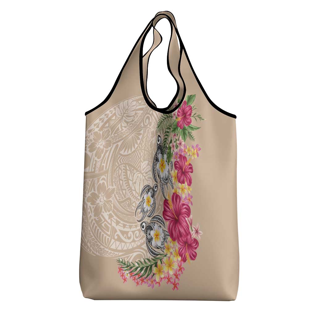 Hawaiian Tropical Flowers and Tribal Turtles Grocery Bag Polynesian Art Motifs Beige Color - Polynesian Pride