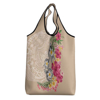 Hawaiian Tropical Flowers and Tribal Turtles Grocery Bag Polynesian Art Motifs Beige Color - Polynesian Pride