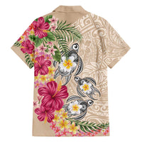 Hawaiian Tropical Flowers and Tribal Turtles Hawaiian Shirt Polynesian Art Motifs Beige Color - Polynesian Pride