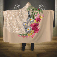 Hawaiian Tropical Flowers and Tribal Turtles Hooded Blanket Polynesian Art Motifs Beige Color - Polynesian Pride