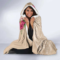 Hawaiian Tropical Flowers and Tribal Turtles Hooded Blanket Polynesian Art Motifs Beige Color - Polynesian Pride