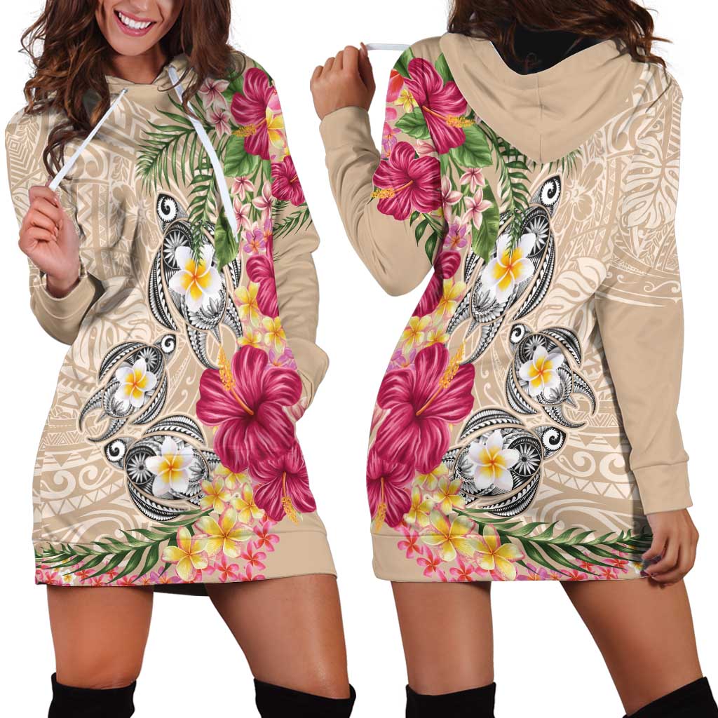 Hawaiian Tropical Flowers and Tribal Turtles Hoodie Dress Polynesian Art Motifs Beige Color - Polynesian Pride