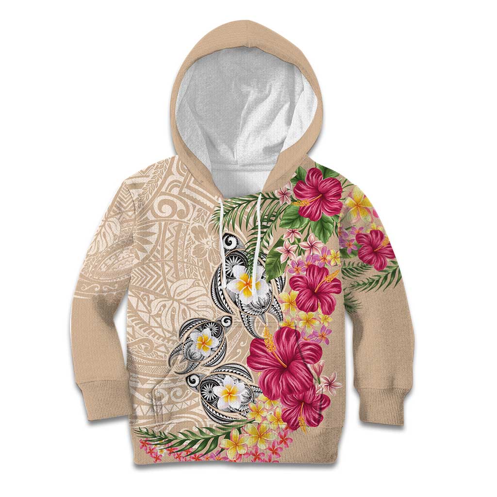 Hawaiian Tropical Flowers and Tribal Turtles Kid Hoodie Polynesian Art Motifs Beige Color - Polynesian Pride