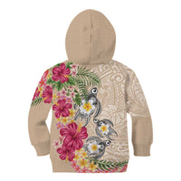 Hawaiian Tropical Flowers and Tribal Turtles Kid Hoodie Polynesian Art Motifs Beige Color - Polynesian Pride