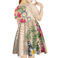 Hawaiian Tropical Flowers and Tribal Turtles Kid Short Sleeve Dress Polynesian Art Motifs Beige Color - Polynesian Pride