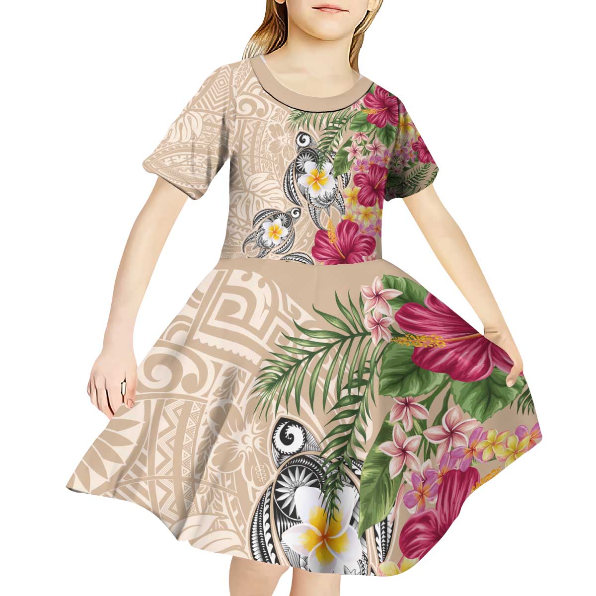 Hawaiian Tropical Flowers and Tribal Turtles Kid Short Sleeve Dress Polynesian Art Motifs Beige Color - Polynesian Pride