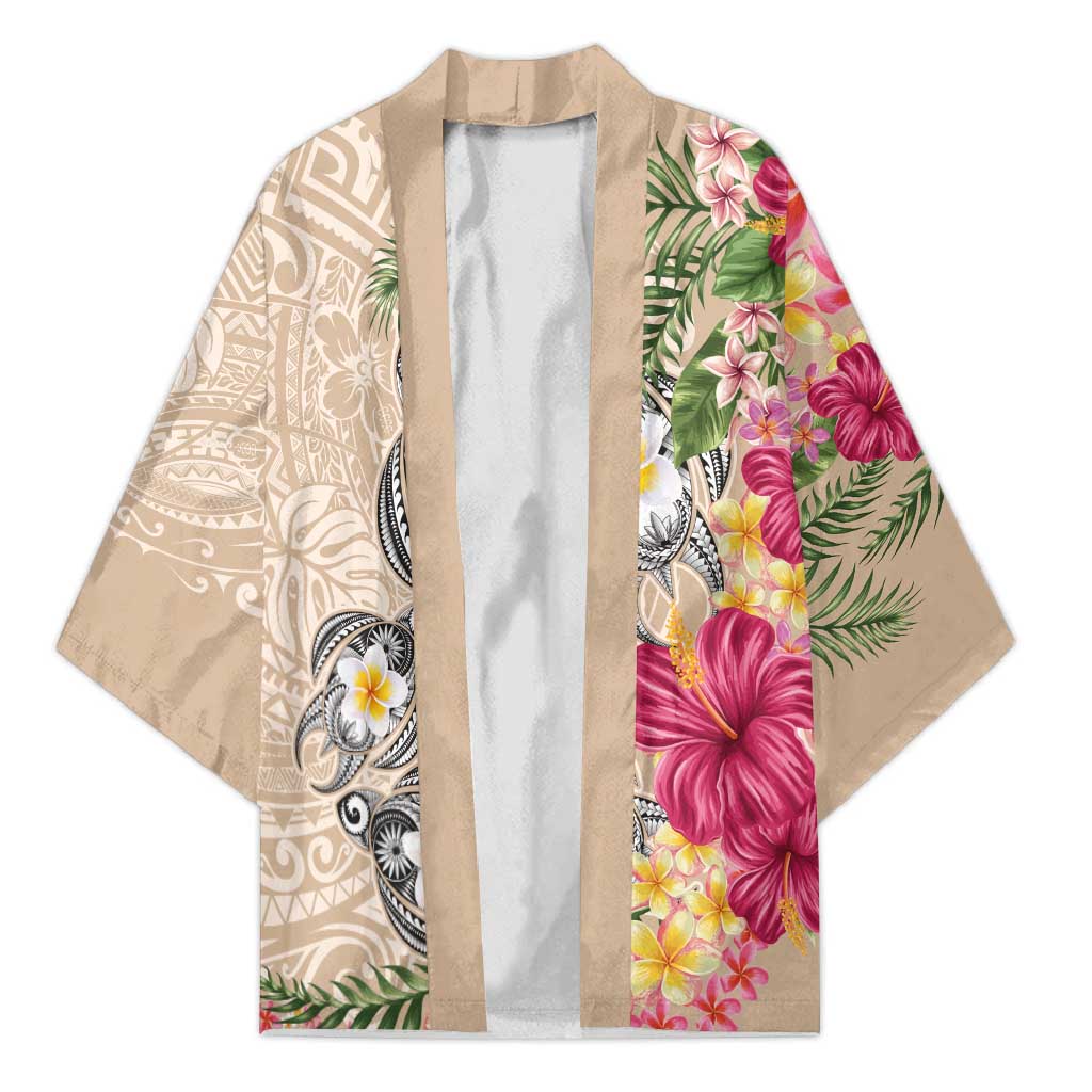 Hawaiian Tropical Flowers and Tribal Turtles Kimono Polynesian Art Motifs Beige Color - Polynesian Pride