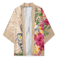 Hawaiian Tropical Flowers and Tribal Turtles Kimono Polynesian Art Motifs Beige Color - Polynesian Pride