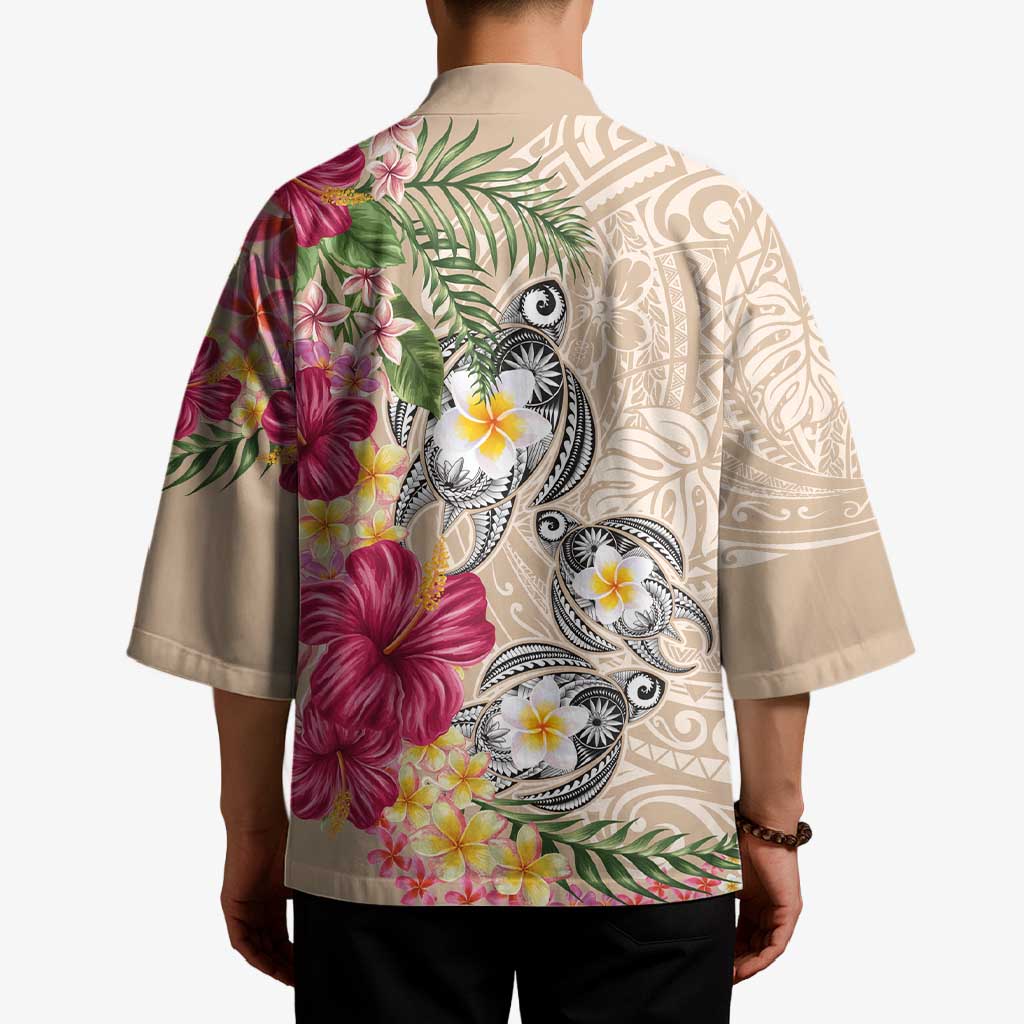 Hawaiian Tropical Flowers and Tribal Turtles Kimono Polynesian Art Motifs Beige Color - Polynesian Pride