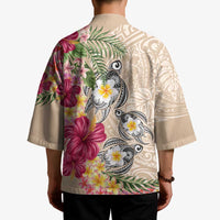 Hawaiian Tropical Flowers and Tribal Turtles Kimono Polynesian Art Motifs Beige Color - Polynesian Pride