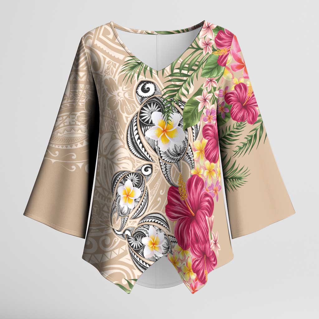 Hawaiian Tropical Flowers and Tribal Turtles Kimono Sleeve Blouse Polynesian Art Motifs Beige Color - Polynesian Pride