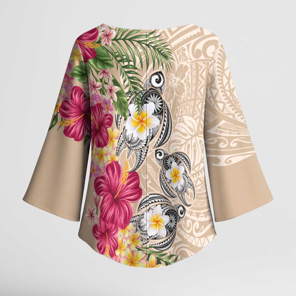 Hawaiian Tropical Flowers and Tribal Turtles Kimono Sleeve Blouse Polynesian Art Motifs Beige Color - Polynesian Pride