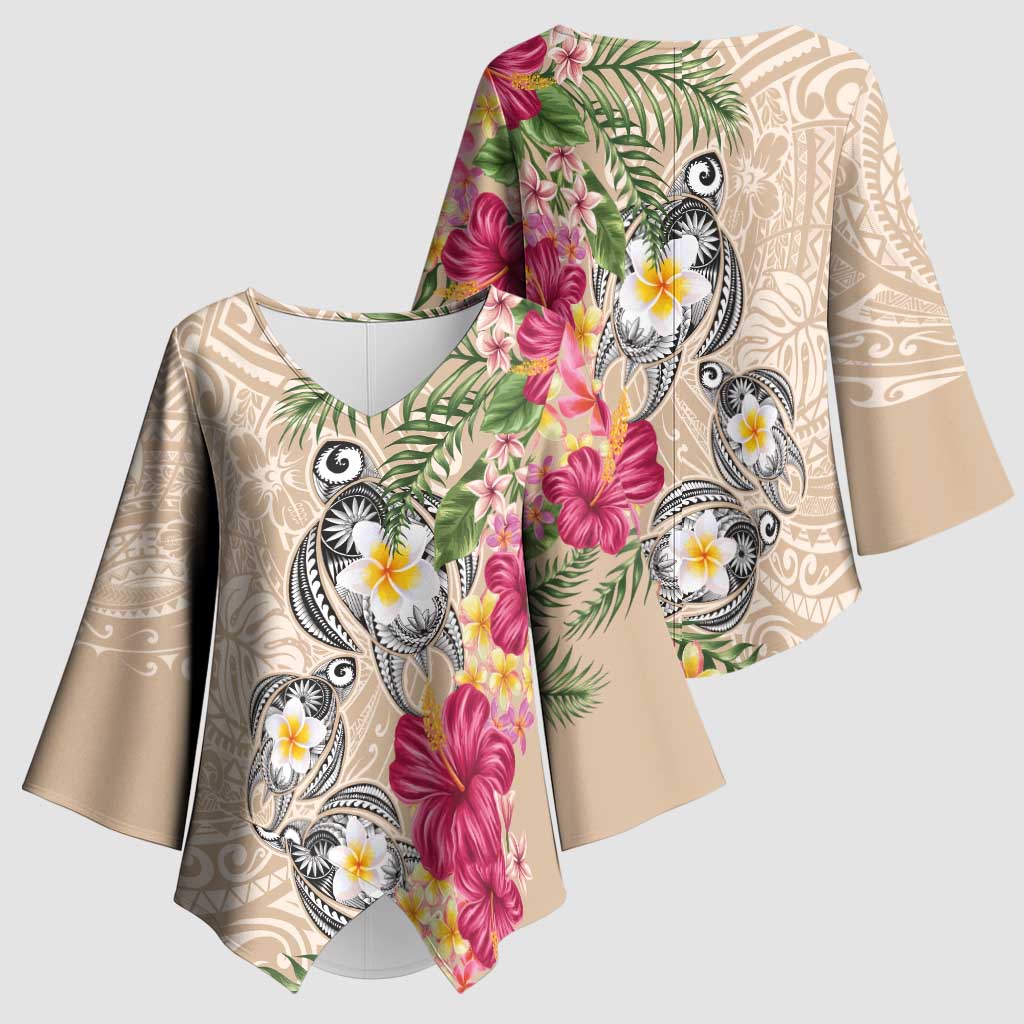 Hawaiian Tropical Flowers and Tribal Turtles Kimono Sleeve Blouse Polynesian Art Motifs Beige Color - Polynesian Pride