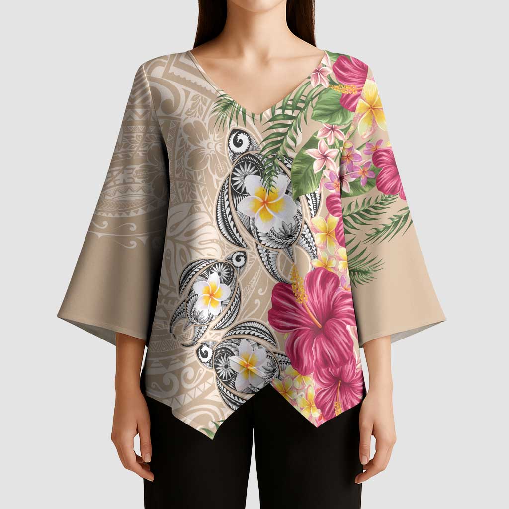 Hawaiian Tropical Flowers and Tribal Turtles Kimono Sleeve Blouse Polynesian Art Motifs Beige Color - Polynesian Pride