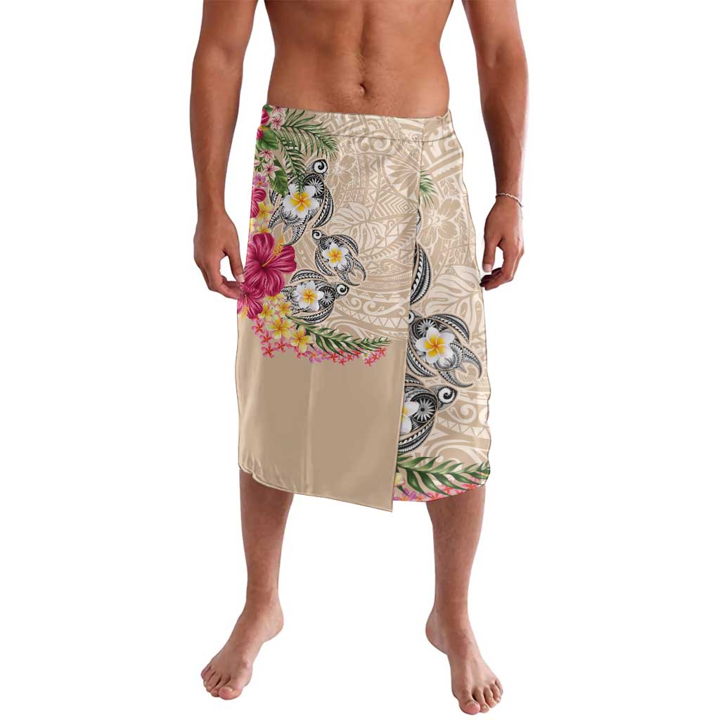Hawaiian Tropical Flowers and Tribal Turtles Lavalava Polynesian Art Motifs Beige Color - Polynesian Pride