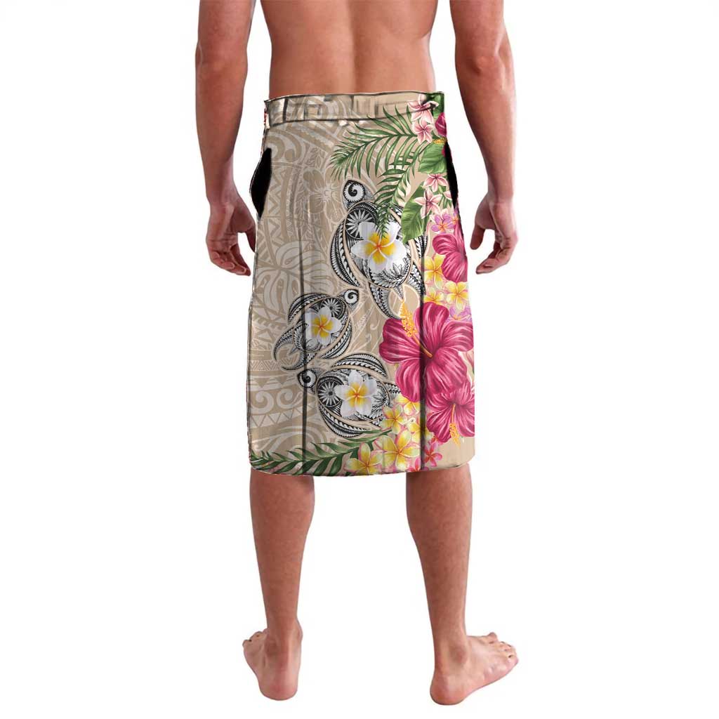 Hawaiian Tropical Flowers and Tribal Turtles Lavalava Polynesian Art Motifs Beige Color - Polynesian Pride