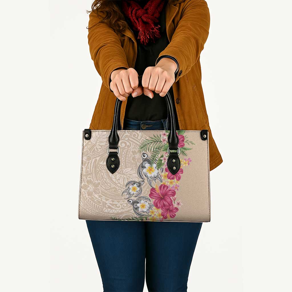 Hawaiian Tropical Flowers and Tribal Turtles Leather Bag Polynesian Art Motifs Beige Color - Polynesian Pride