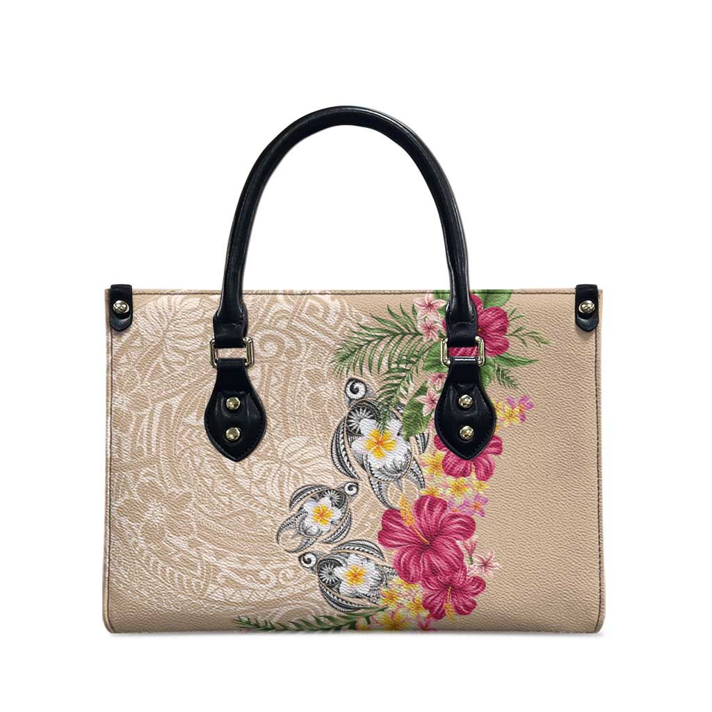 Hawaiian Tropical Flowers and Tribal Turtles Leather Bag Polynesian Art Motifs Beige Color - Polynesian Pride