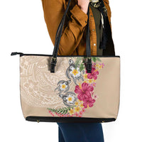 Hawaiian Tropical Flowers and Tribal Turtles Leather Tote Bag Polynesian Art Motifs Beige Color - Polynesian Pride
