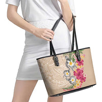 Hawaiian Tropical Flowers and Tribal Turtles Leather Tote Bag Polynesian Art Motifs Beige Color - Polynesian Pride