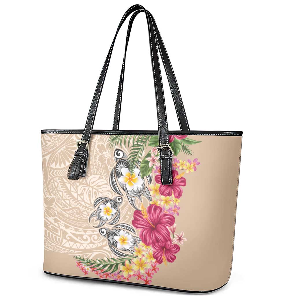 Hawaiian Tropical Flowers and Tribal Turtles Leather Tote Bag Polynesian Art Motifs Beige Color - Polynesian Pride
