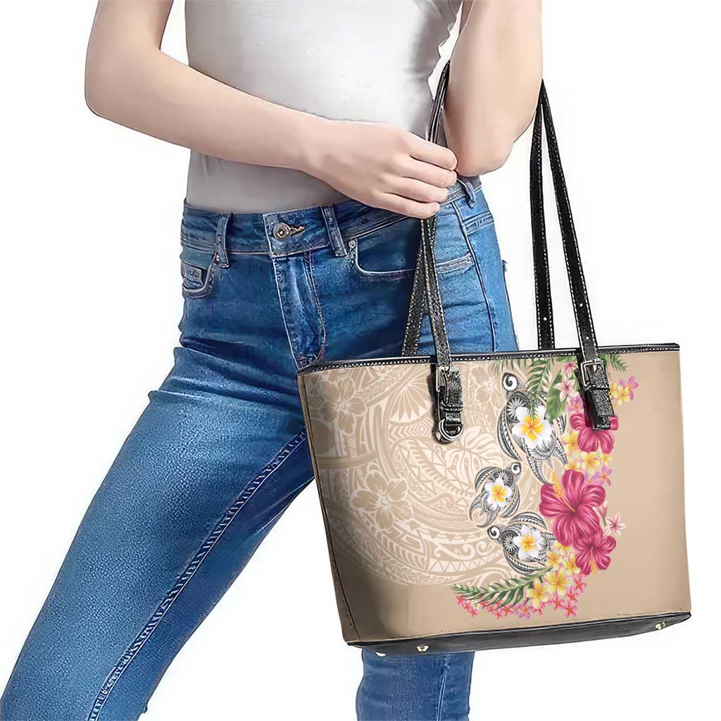 Hawaiian Tropical Flowers and Tribal Turtles Leather Tote Bag Polynesian Art Motifs Beige Color - Polynesian Pride
