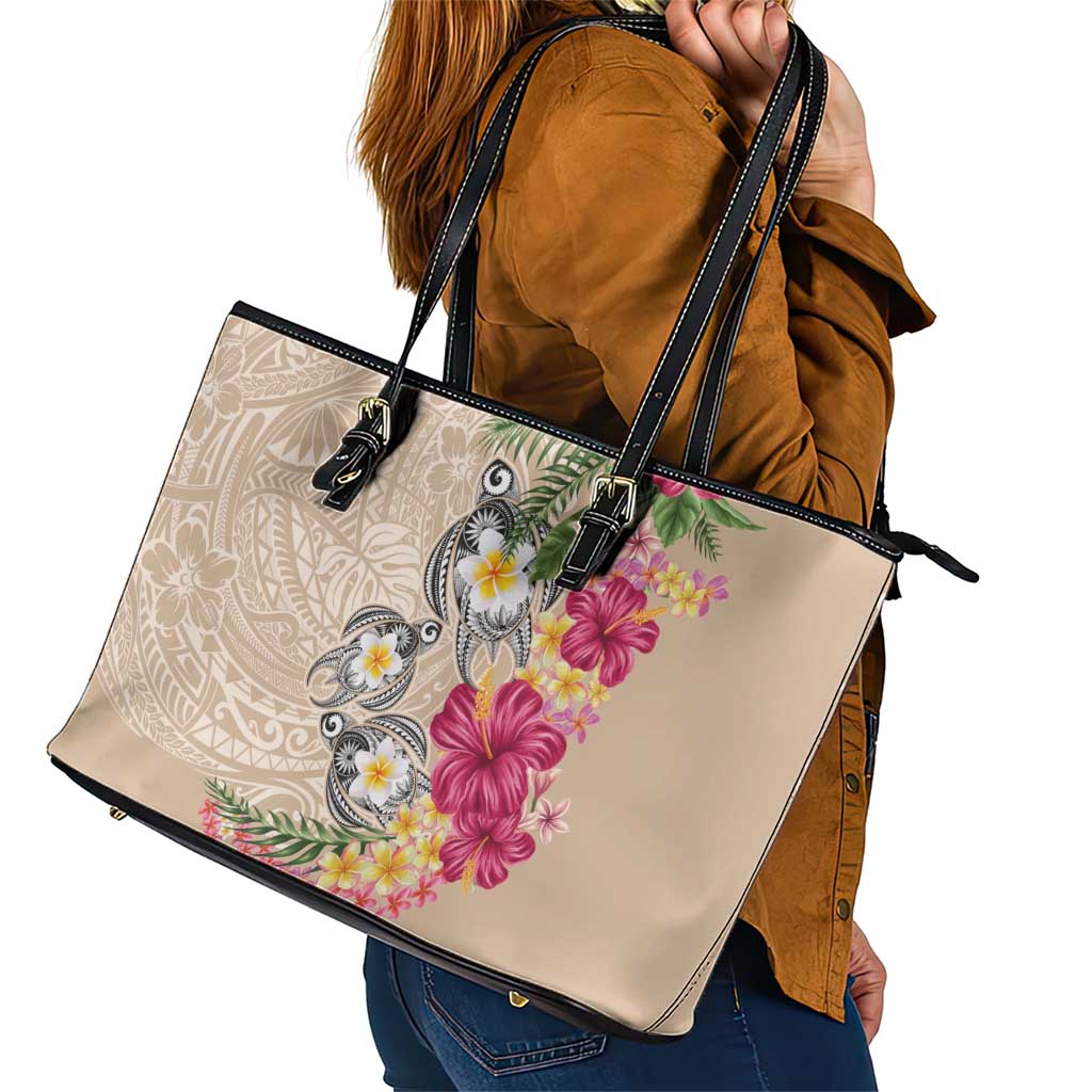 Hawaiian Tropical Flowers and Tribal Turtles Leather Tote Bag Polynesian Art Motifs Beige Color - Polynesian Pride