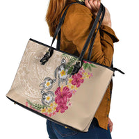 Hawaiian Tropical Flowers and Tribal Turtles Leather Tote Bag Polynesian Art Motifs Beige Color - Polynesian Pride