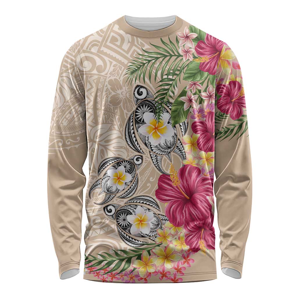 Hawaiian Tropical Flowers and Tribal Turtles Long Sleeve Shirt Polynesian Art Motifs Beige Color - Polynesian Pride
