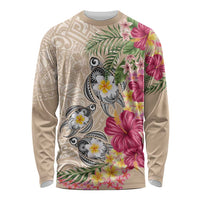 Hawaiian Tropical Flowers and Tribal Turtles Long Sleeve Shirt Polynesian Art Motifs Beige Color - Polynesian Pride