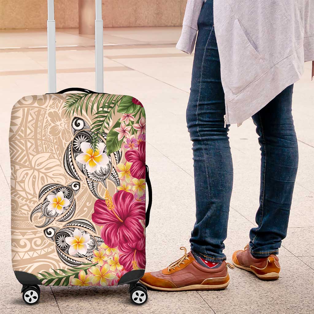Hawaiian Tropical Flowers and Tribal Turtles Luggage Cover Polynesian Art Motifs Beige Color - Polynesian Pride