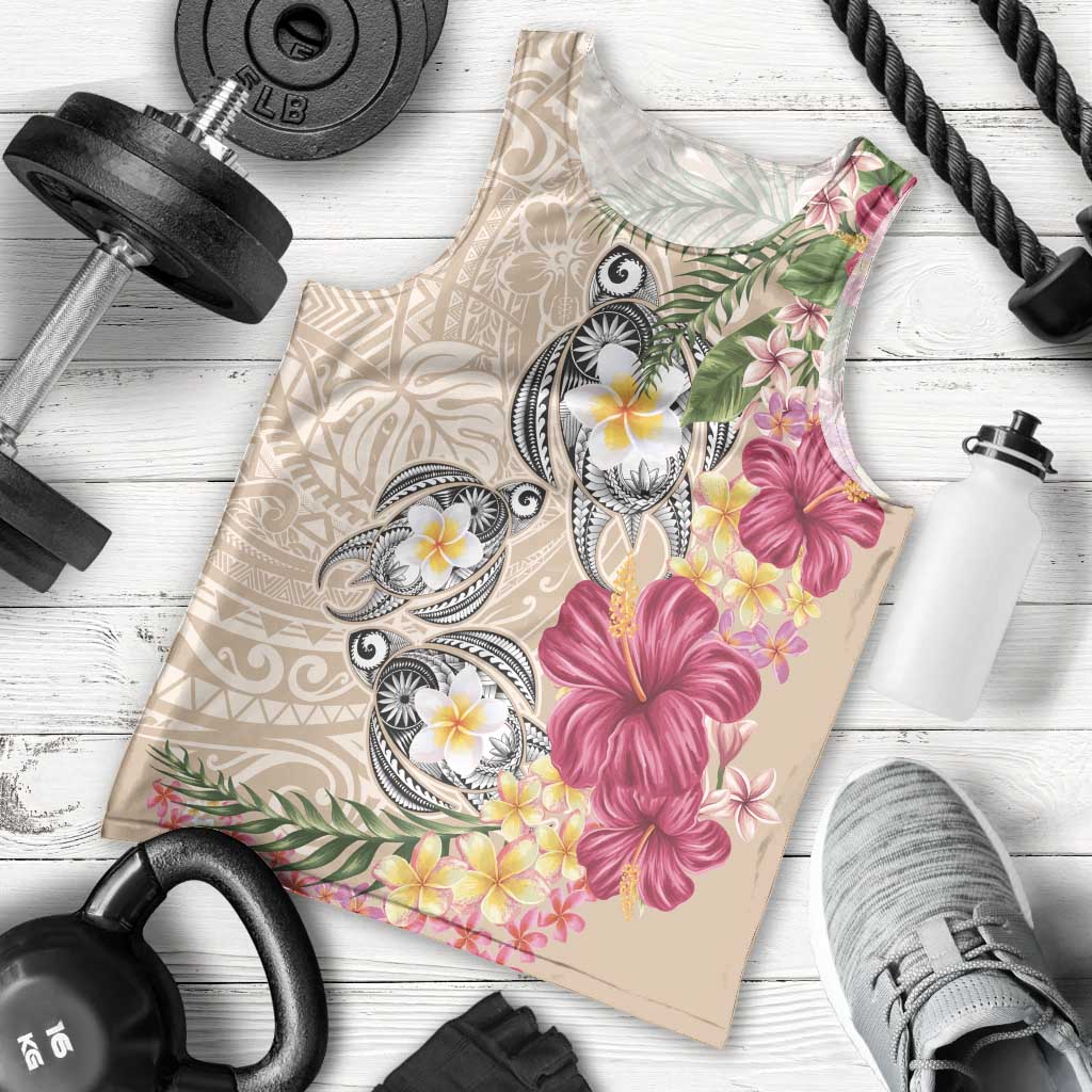Hawaiian Tropical Flowers and Tribal Turtles Men Tank Top Polynesian Art Motifs Beige Color - Polynesian Pride