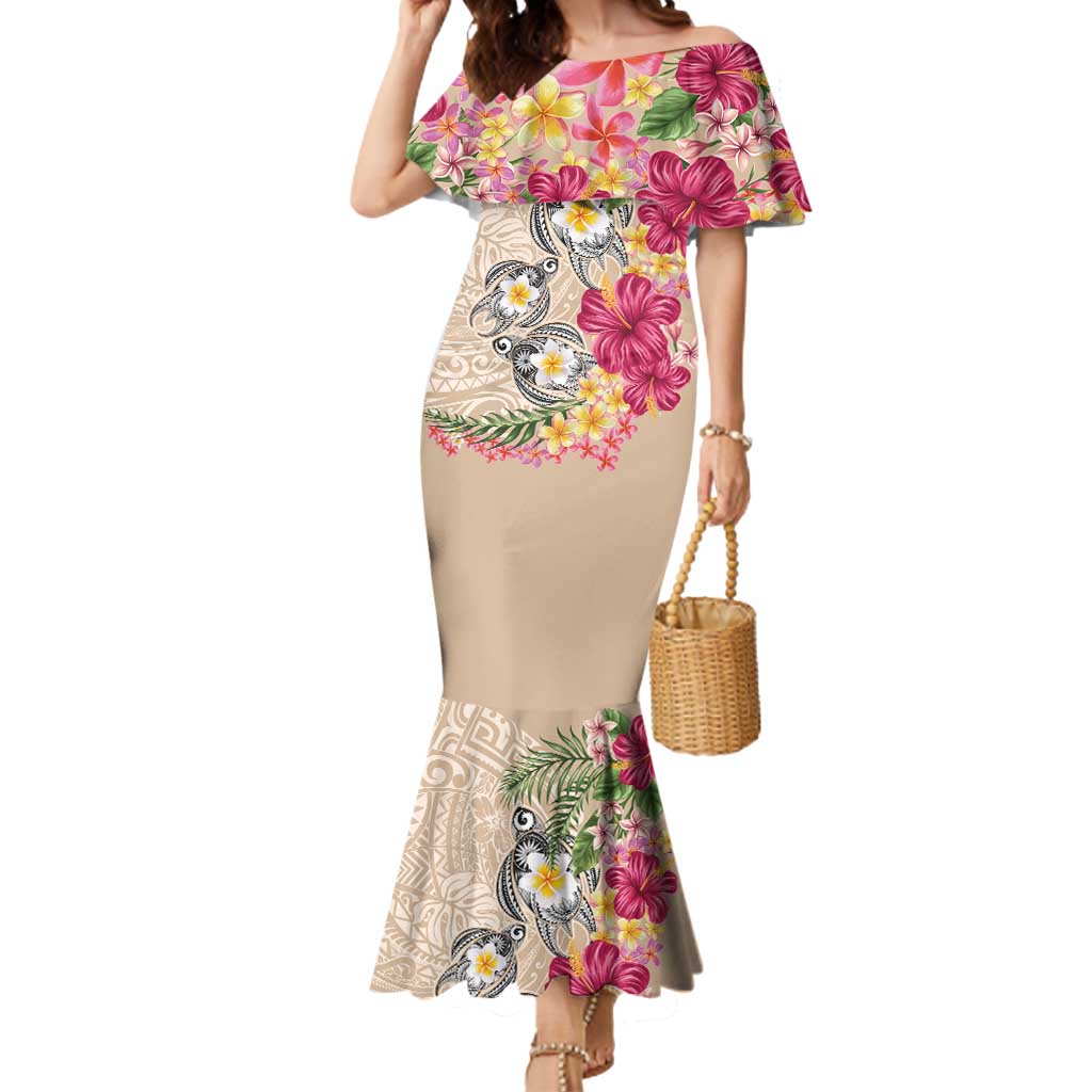 Hawaiian Tropical Flowers and Tribal Turtles Mermaid Dress Polynesian Art Motifs Beige Color - Polynesian Pride