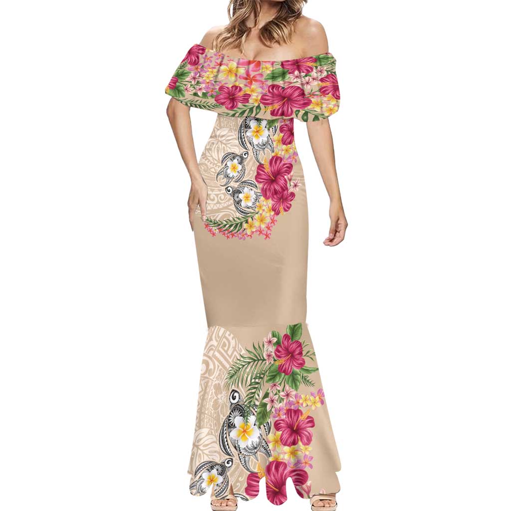 Hawaiian Tropical Flowers and Tribal Turtles Mermaid Dress Polynesian Art Motifs Beige Color - Polynesian Pride